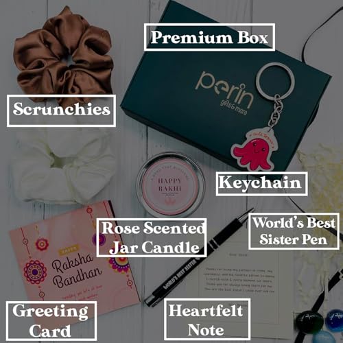 SINCE 7 STORE Rakhi Gift Hamper For Sister-Includes 6 Products: Metal Pen Which Says "World's Best Sister", 2 Scrunchies, Keychain, Scented Jar Candle Box, And Heartfelt Note From Brother ,Multi - Image 3