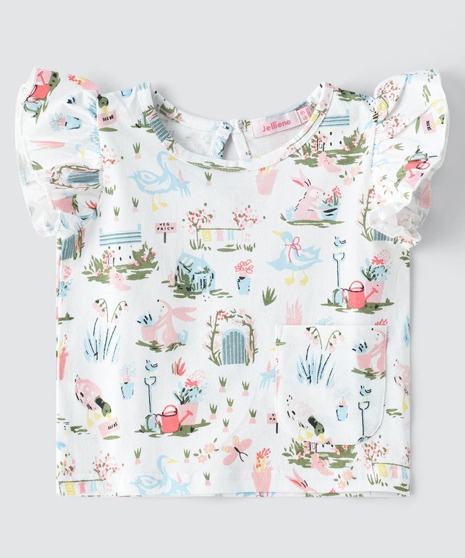 JELLIENE GIRLS AOP PRINT RUFFLE SLEEVE TOP - Image 1