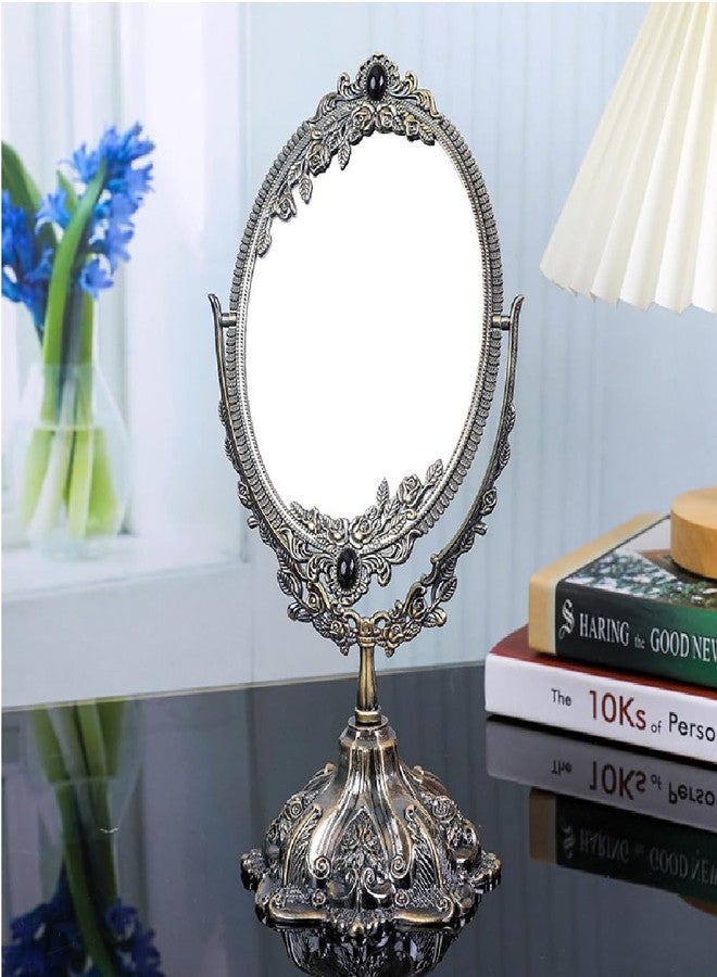 Guppy 15 inch Metal Vintage Makeup Mirror, Tabletop Oval Cosmetic Mirror, Vintage Swivel Double Sided Cosmetic Mirror with Embossed Frame Stand Base, Retro Mirror for Dresser Gift-Antique Bronze - Image 1