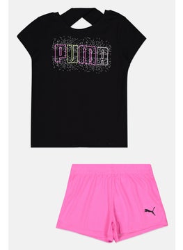 PUMA Kids Girl 2 Piece Cap Sleeve Top And Shorts Set, Black/Pink  - Image 1
