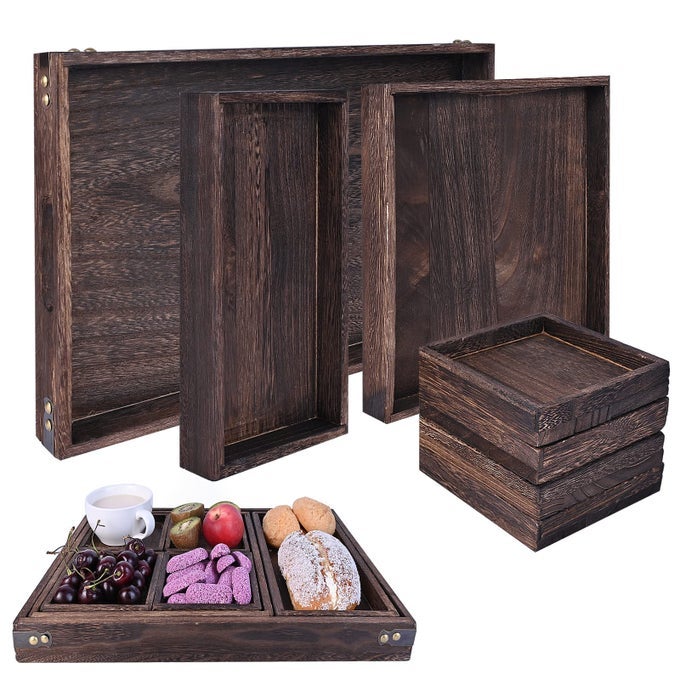Wood Serving Tray with Handles Set of 7 Rectangular Wooden Nesting Multipurpose Trays Decorative Serving Trays Platter for Breakfast in Bed Lunch Dinner Patio Ottoman Coffee Table Party