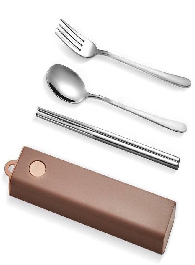 KAPO 3-Piece Portable Stainless Steel Cutlery Set with Travel Case | Spoon, Fork, & Chopsticks | Reusable, Lightweight & Eco-Friendly | Ideal for Office, Travel & Picnic - Brown - Image 1