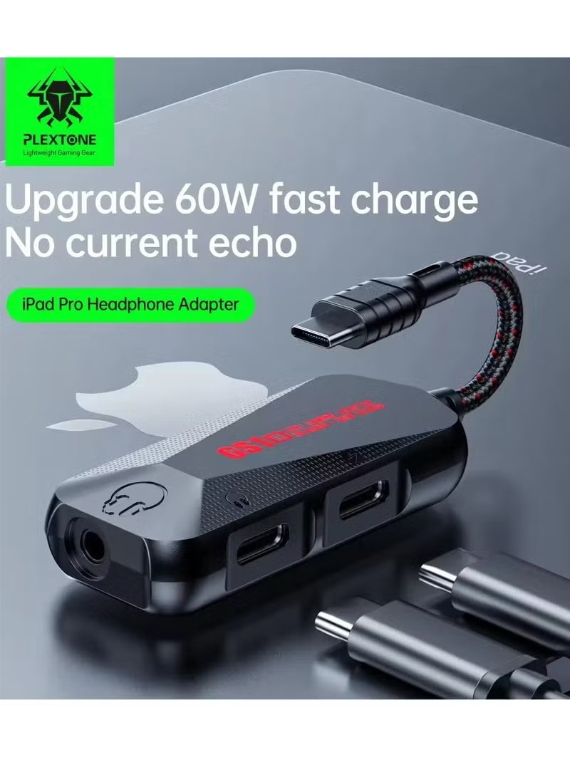 بليكستون Plextone GS1 Type-C Adapter 2 Type-C Inputs and 3.5 Input with 60W Power and 24-bit Audio Technology - Image 2