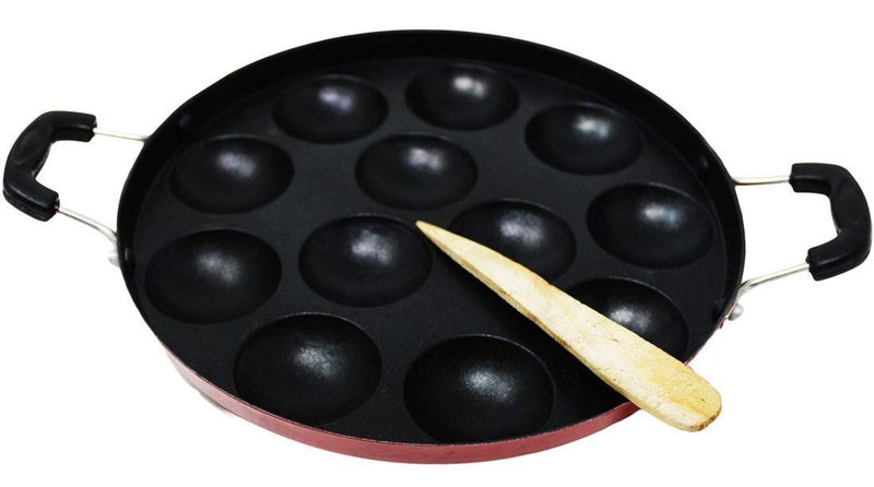 MSA 12 Cavity Non-Stick Aluminum Appam Patra, Paniyarakal with 2 Side Handle and Stainless Steel Lid, Color May Vary - Image 1