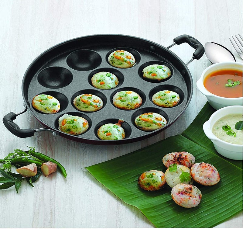 MSA 12 Cavity Non-Stick Aluminum Appam Patra, Paniyarakal with 2 Side Handle and Stainless Steel Lid, Color May Vary - Image 4