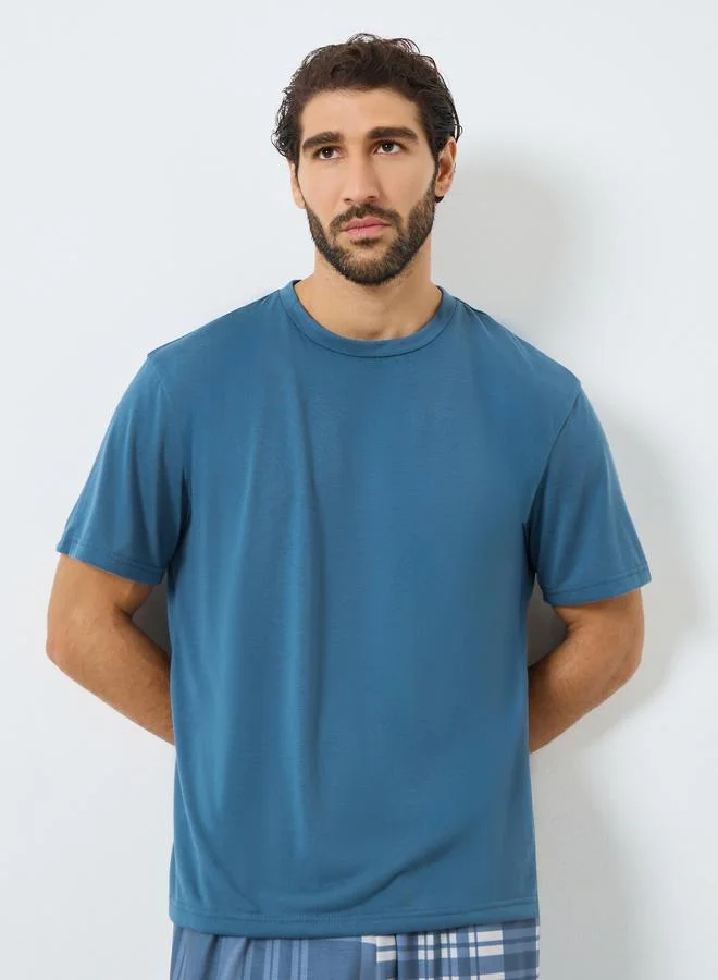 Styli Men Relaxed Fit Solid T-Shirt and Checked Pyjama Set