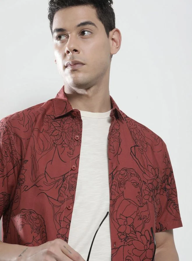 شركة المرآب الهندية Men Regular Fit Abstract Printed Half Sleeves Spread Collar Casual Shirt