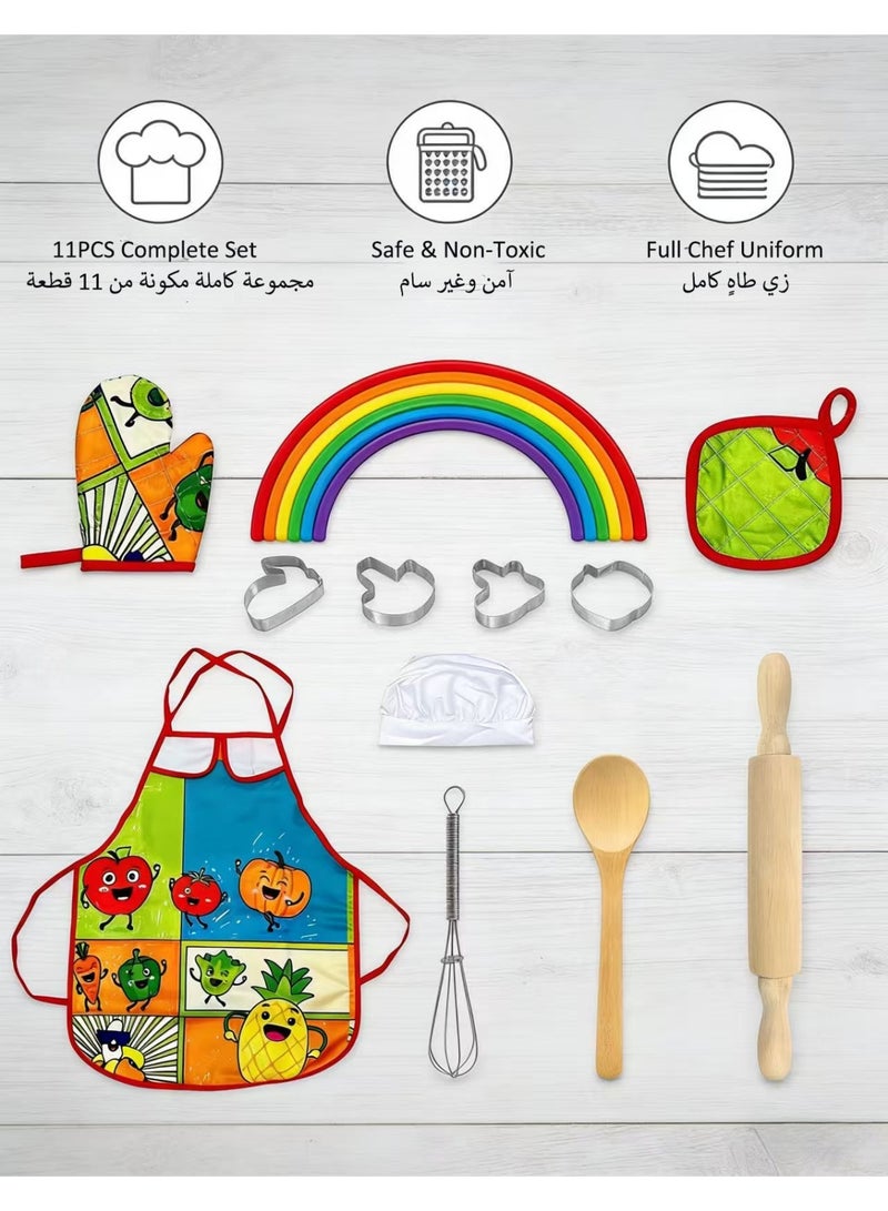 Kids Chef Costume Set 11-in-1 Pretend Play Cooking Apron with Hat, Mitts, Kitchen Toys for Children,Educational Gift for Birthday,  Home Cooking Role Play,Ramadan & Eid - Image 2