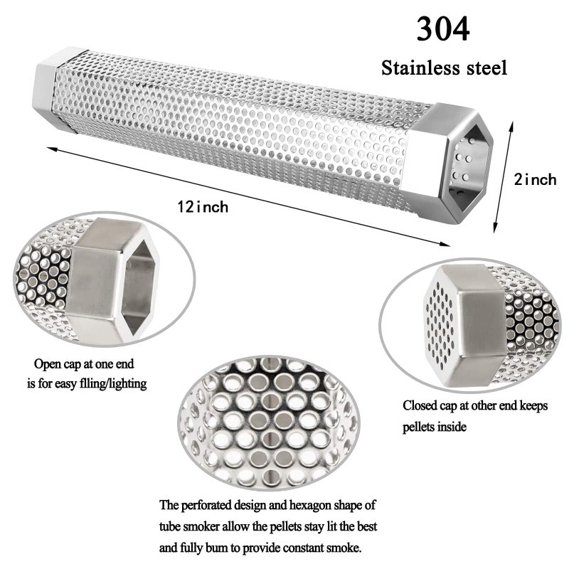 LOVEERCT Smoke Tube for Pellet Smoker 12" - 5 Hours of Billowing Smoke - Hot/Cold Smoking - for Any Grill & Smoker - Premium Stainless Steel BBQ Smoking Tube, Includes Bonus Cleaning, Basting Brush & S-Hook - Image 2