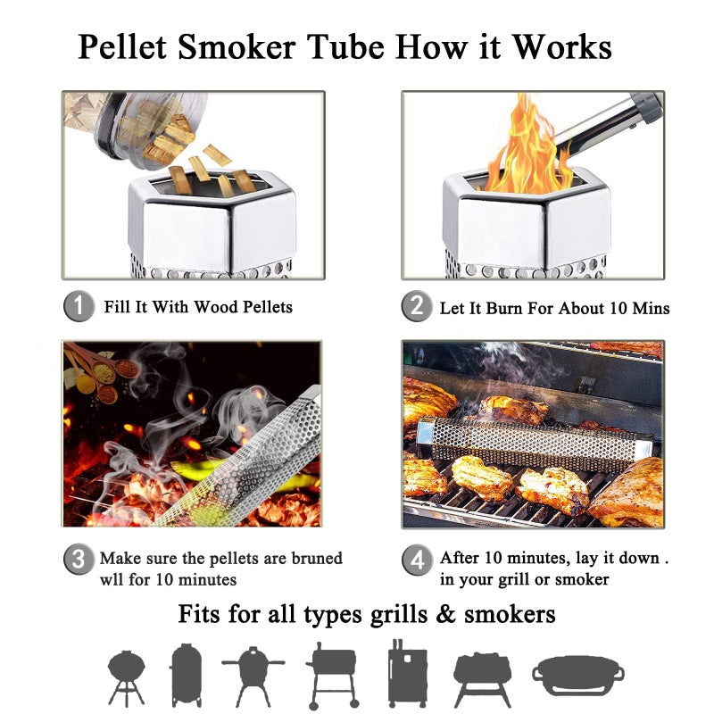 LOVEERCT Smoke Tube for Pellet Smoker 12" - 5 Hours of Billowing Smoke - Hot/Cold Smoking - for Any Grill & Smoker - Premium Stainless Steel BBQ Smoking Tube, Includes Bonus Cleaning, Basting Brush & S-Hook - Image 3