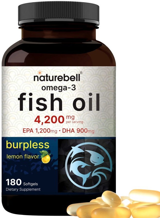 NatureBell Omega 3 Fish Oil 4,200mg, 180 Burpless Softgels, Highly Purified EPA 1,200mg & DHA 900mg | Lemon Flavored | Premium Wild Caught Fish from Deep Sea – Heart & Brain Support – Mercury Free & Non-GMO - Image 1