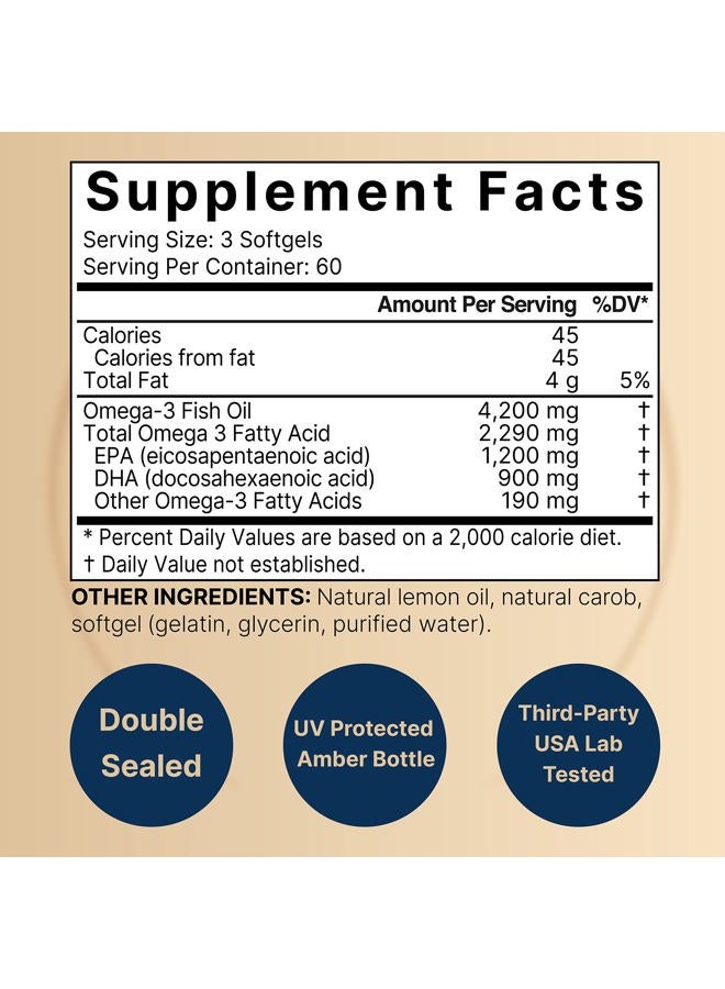 NatureBell Omega 3 Fish Oil 4,200mg, 180 Burpless Softgels, Highly Purified EPA 1,200mg & DHA 900mg | Lemon Flavored | Premium Wild Caught Fish from Deep Sea – Heart & Brain Support – Mercury Free & Non-GMO - Image 2