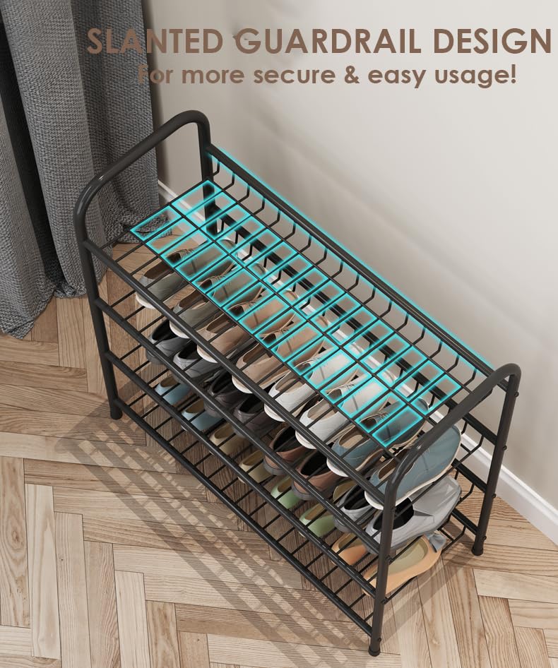 TARKAN Durable Steel Shoe Rack Storage Organiser with Slanted Shelves, Black (4 Tier) - Image 3
