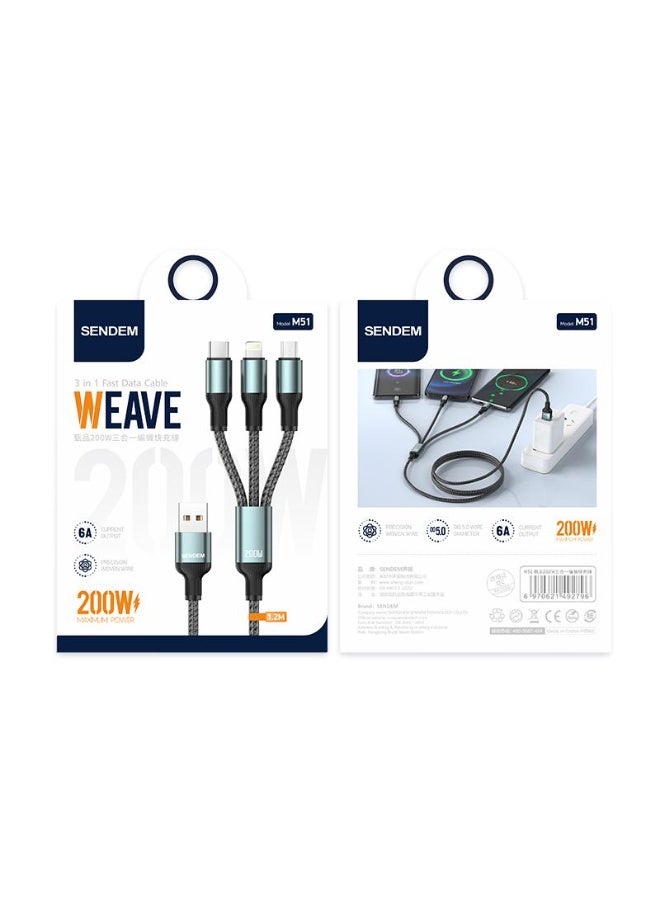سيندم M51 كابل 3 في 1 للشحن السريع ونقل البيانات منفذ من النوع سي ، منفذ مايكرو ، منفذ لايتنينج بقوة 6 أمبير، كابل مضفر لمتانة أطول - Image 1
