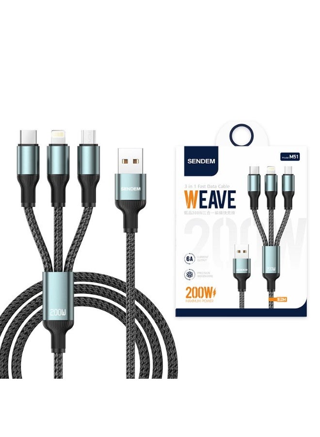 سيندم M51 كابل 3 في 1 للشحن السريع ونقل البيانات منفذ من النوع سي ، منفذ مايكرو ، منفذ لايتنينج بقوة 6 أمبير، كابل مضفر لمتانة أطول - Image 2