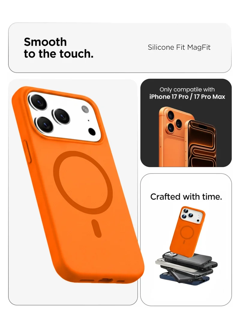 موبكوس جراب Mobcos iPhone 17 Pro البرتقالي الفاخر ذو الحلقة المميزة، مصنوع من السيليكون المغناطيسي، مزود بخاصية الشحن اللاسلكي | ملمس ناعم كالحرير | حماية فائقة ضد الصدمات بمعايير عسكرية | توافق مغناطيسي قوي | غطاء أنيق وفاخر