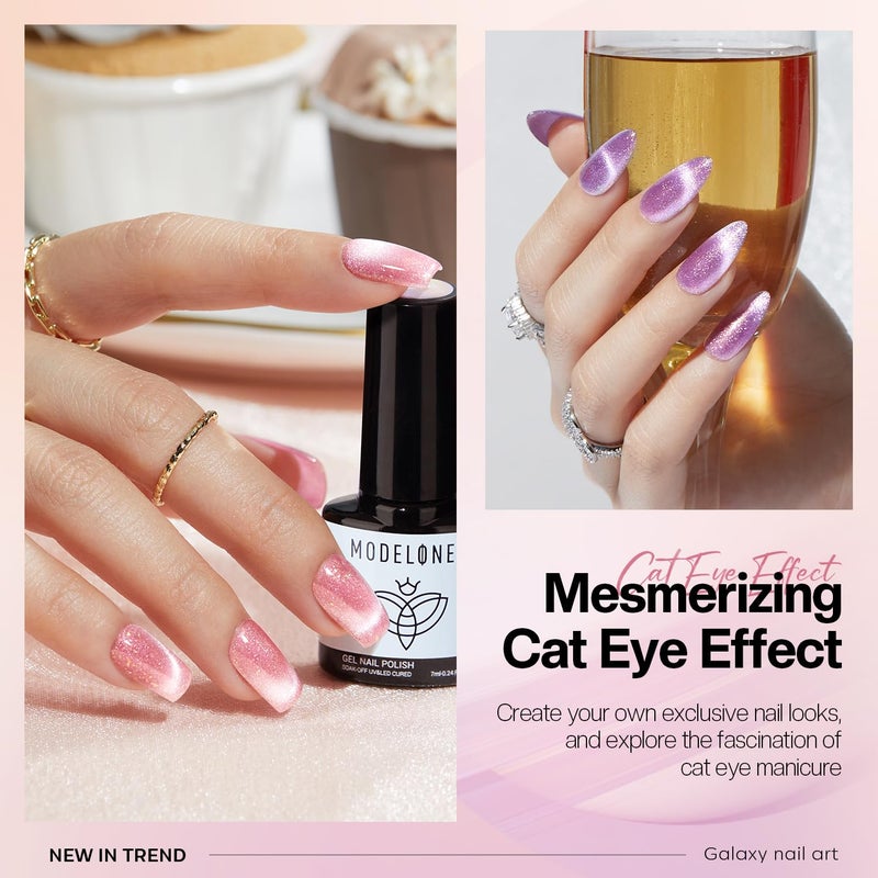 modelones Holographic Glitter Cat Eye Gel Nail Polish Kit 6 Colors with Magnet Romantic Rainbow Galaxy Series Pastel Gel Polish Soak Off Led Gel Nail Polish Set Nail Art Gel Manicure Salon DIY Gifts - Image 3