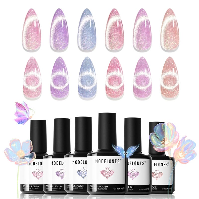 modelones Holographic Glitter Cat Eye Gel Nail Polish Kit 6 Colors with Magnet Romantic Rainbow Galaxy Series Pastel Gel Polish Soak Off Led Gel Nail Polish Set Nail Art Gel Manicure Salon DIY Gifts - Image 1