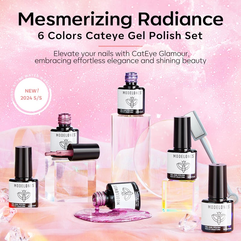 modelones Holographic Glitter Cat Eye Gel Nail Polish Kit 6 Colors with Magnet Romantic Rainbow Galaxy Series Pastel Gel Polish Soak Off Led Gel Nail Polish Set Nail Art Gel Manicure Salon DIY Gifts - Image 2