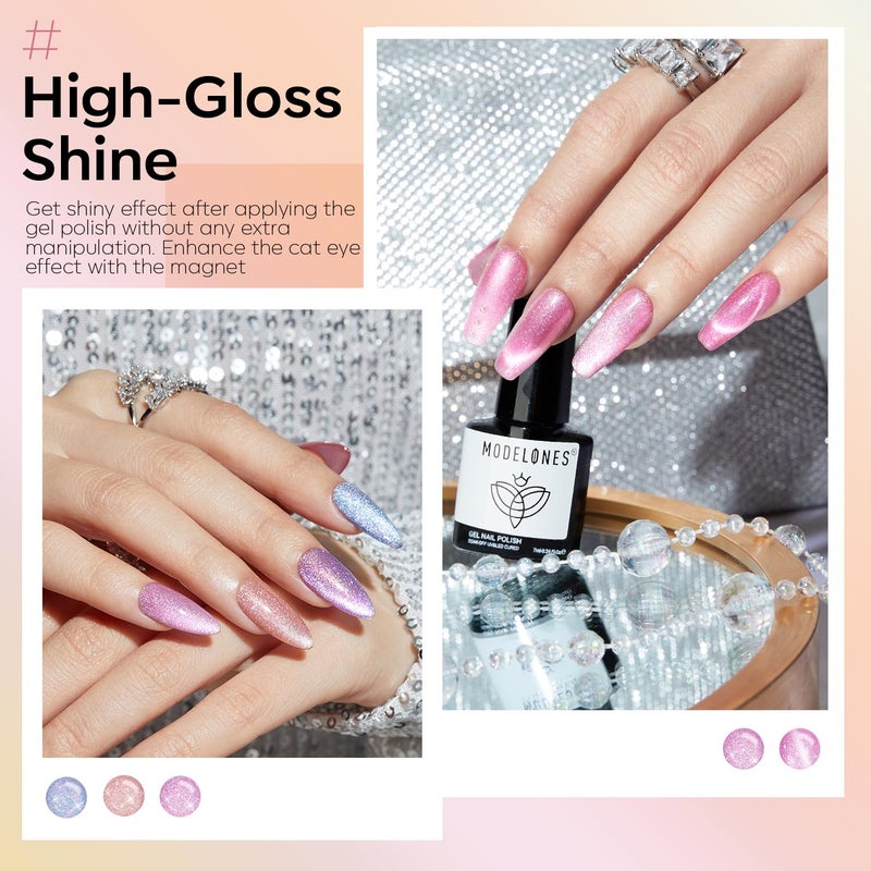 modelones Holographic Glitter Cat Eye Gel Nail Polish Kit 6 Colors with Magnet Romantic Rainbow Galaxy Series Pastel Gel Polish Soak Off Led Gel Nail Polish Set Nail Art Gel Manicure Salon DIY Gifts - Image 4