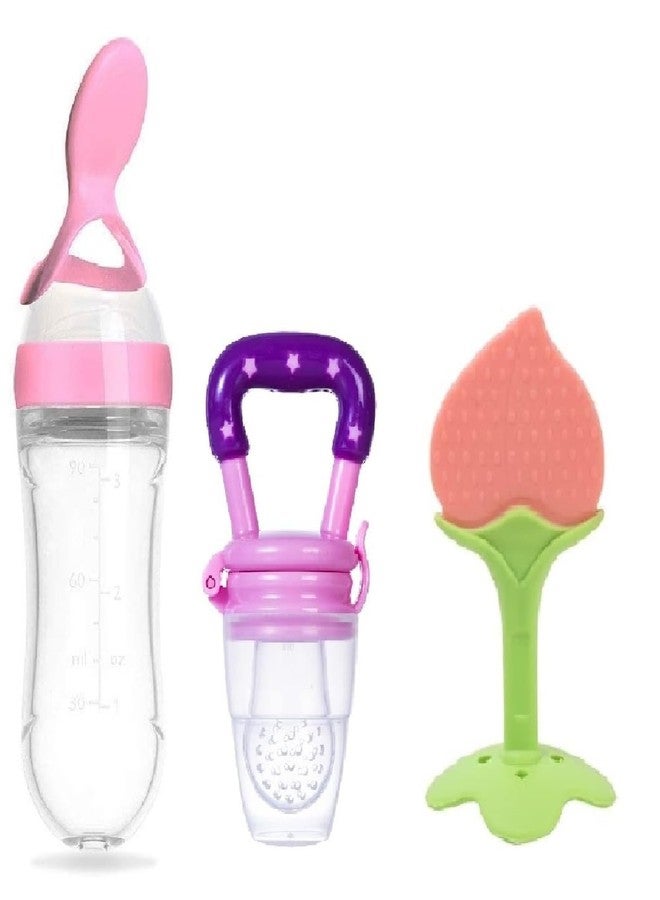 Chopchi Fruit Feeder,Teether & Feeding Spoon Bottle with Squeezy Food for 6 Month Above Baby (Pack of-3, Pink Set) - Image 1