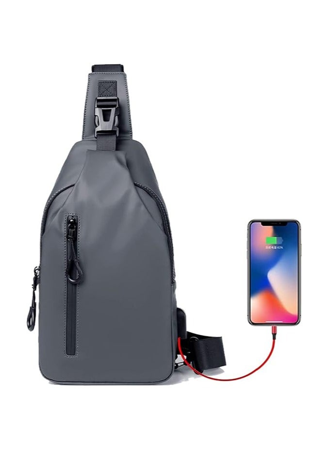 Generic Crossbody Sling Bag, Body Chest Shoulder Bag for Men Women Casual Shoulder Backpack Bag, Waterproof Leather Chest Casual Daypack with Usb Charging Port for Travel Hiking(grey)  - Image 1
