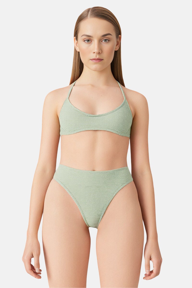H&M Women Textured Pull On Bikini Bottom, Sage Green  - Image 1