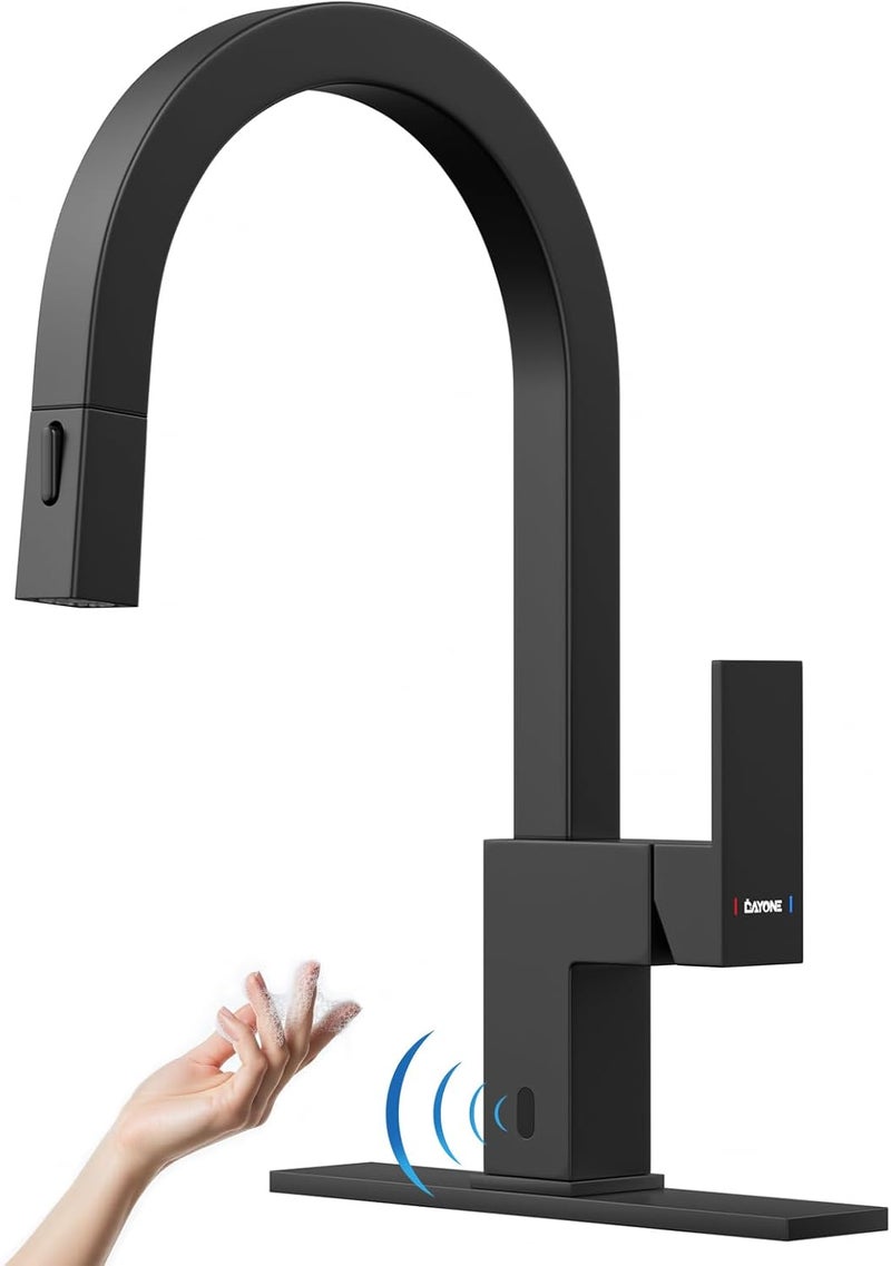 DAYONE Black Touchless Kitchen Faucet Square, Modern Sensor Hands-Free Kitchen Sink Faucet, Smart Motion Activated Bar Sink Faucet with Pull Down Sprayer Single Handle - Image 1