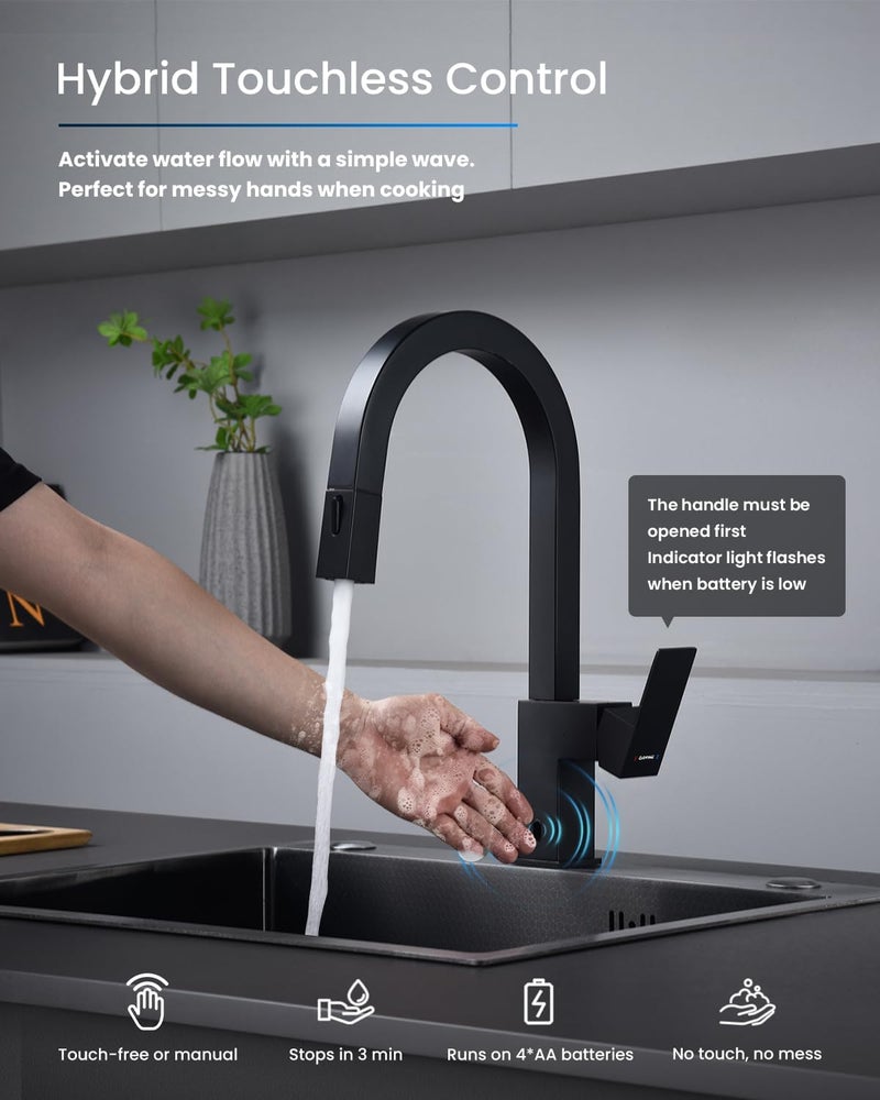 DAYONE Black Touchless Kitchen Faucet Square, Modern Sensor Hands-Free Kitchen Sink Faucet, Smart Motion Activated Bar Sink Faucet with Pull Down Sprayer Single Handle - Image 3