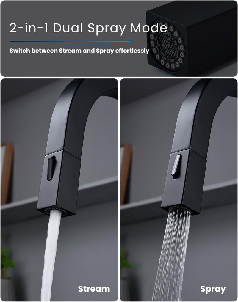 DAYONE Black Touchless Kitchen Faucet Square, Modern Sensor Hands-Free Kitchen Sink Faucet, Smart Motion Activated Bar Sink Faucet with Pull Down Sprayer Single Handle - Image 4
