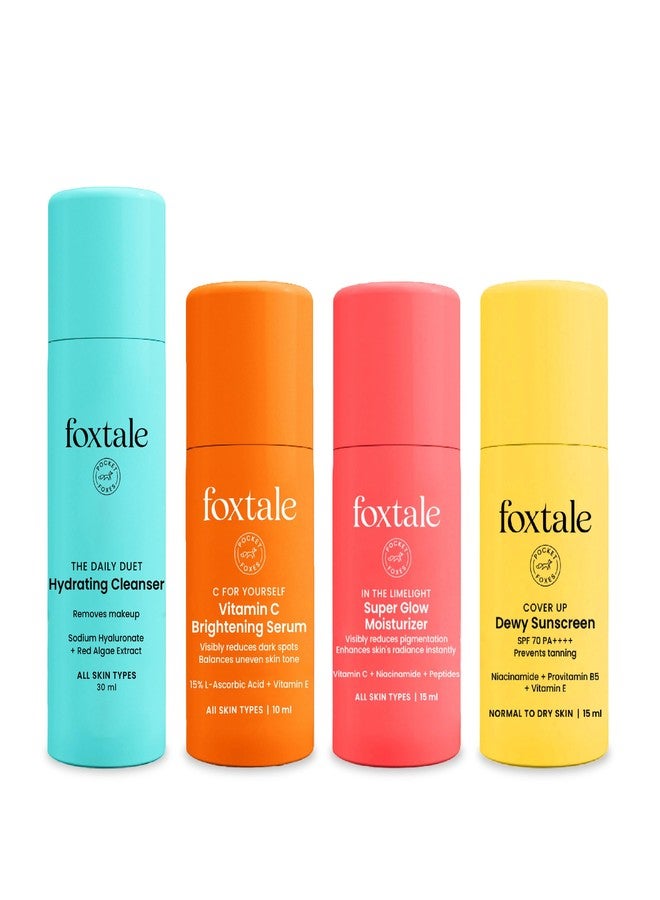 Foxtale Glow Essentials Combo | Hydrating Face Wash + 15% Vitamin C Serum + Super Glow Moisturizer + SPF 70 Dewy Sunscreen | Cleanses, brightens, hydrates & protects | For glowing skin - Image 1