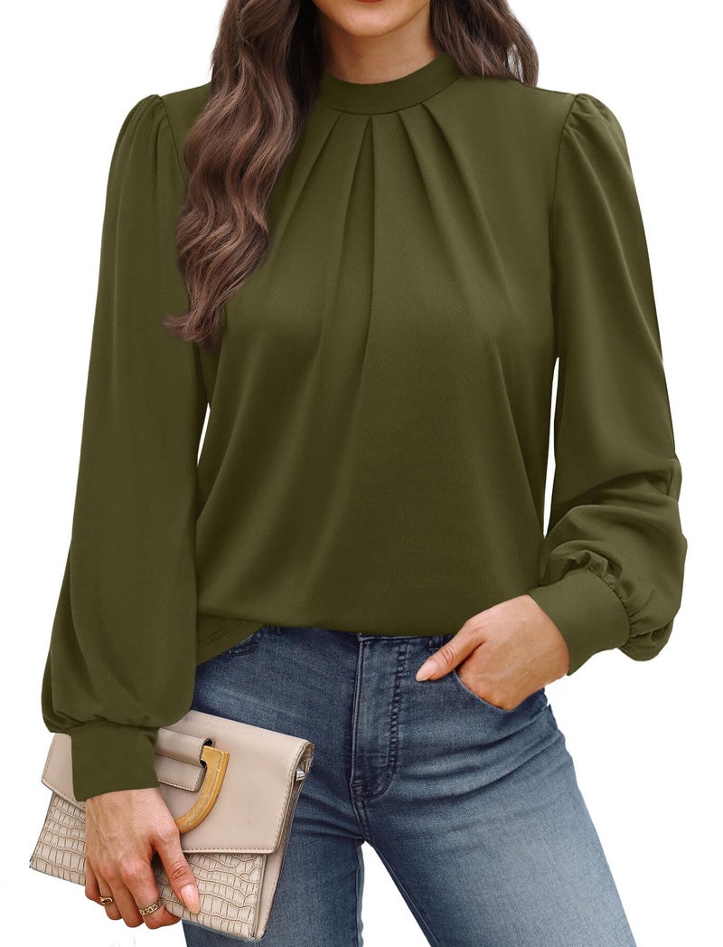 WIHOLL Long Sleeve Blouses for Women Dressy Casual Puff Sleeve Shirts Womens Fall Fashion 2026 Tunic Tops Winter Clothing Teacher Outfits Work Fall Clothes Old Money Army Green M - Image 1