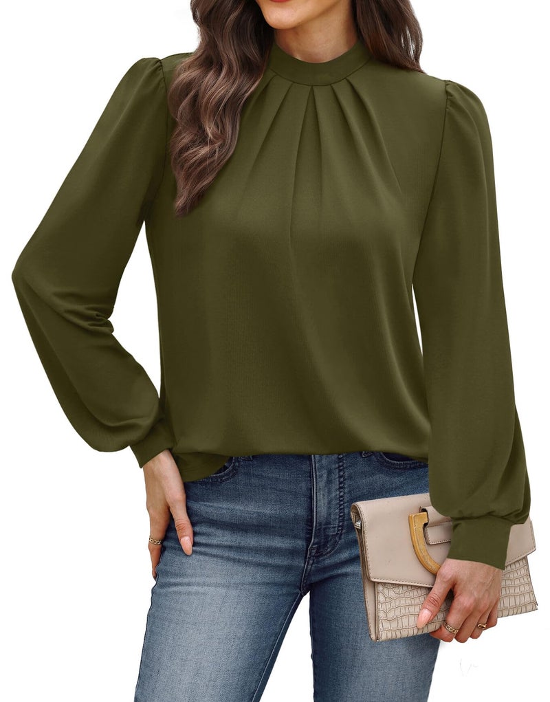 WIHOLL Long Sleeve Blouses for Women Dressy Casual Puff Sleeve Shirts Womens Fall Fashion 2026 Tunic Tops Winter Clothing Teacher Outfits Work Fall Clothes Old Money Army Green M - Image 2