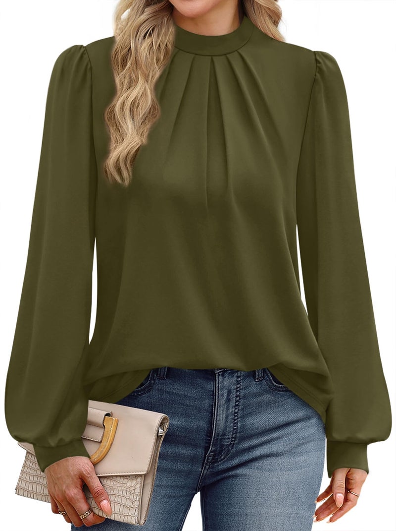 WIHOLL Long Sleeve Blouses for Women Dressy Casual Puff Sleeve Shirts Womens Fall Fashion 2026 Tunic Tops Winter Clothing Teacher Outfits Work Fall Clothes Old Money Army Green M - Image 3
