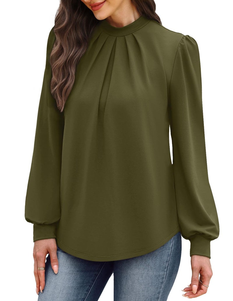 WIHOLL Long Sleeve Blouses for Women Dressy Casual Puff Sleeve Shirts Womens Fall Fashion 2026 Tunic Tops Winter Clothing Teacher Outfits Work Fall Clothes Old Money Army Green M - Image 4