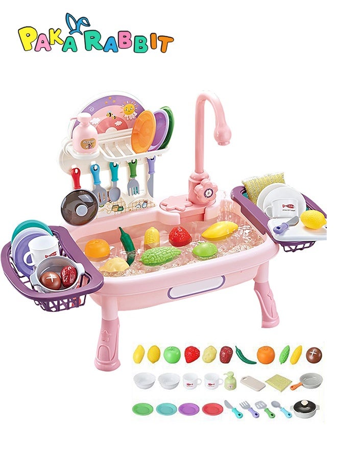 باكا رابيت لعبة حوض المطبخ للأطفال مع مياه جارية، 34 قطعة، غسالة أطباق كهربائية بنظام دورة مياه أوتوماتيكية، لعبة مطبخ للأطفال الأولاد والبنات والأطفال الصغار (وردي) - Image 1