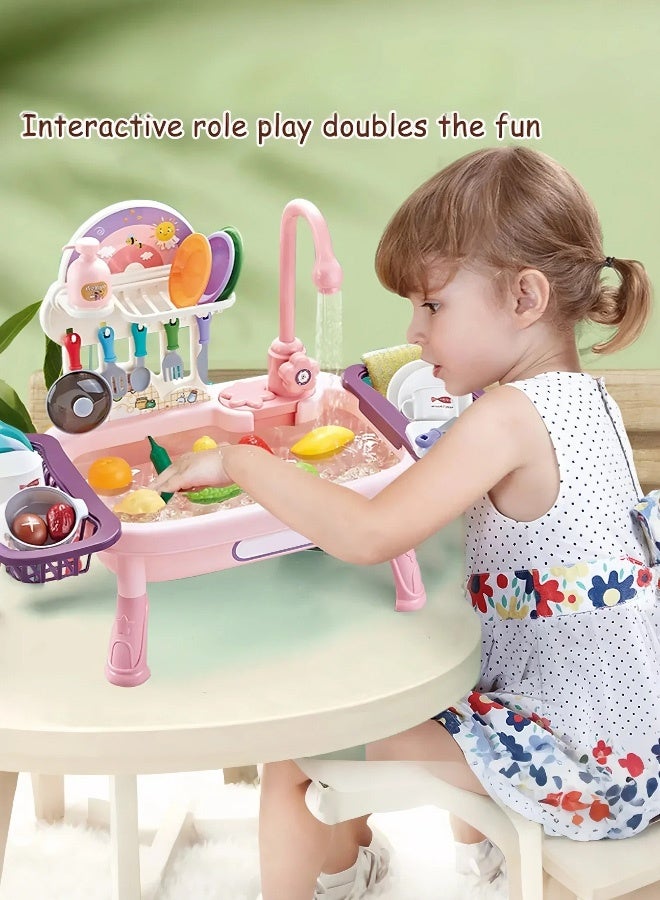 باكا رابيت لعبة حوض المطبخ للأطفال مع مياه جارية، 34 قطعة، غسالة أطباق كهربائية بنظام دورة مياه أوتوماتيكية، لعبة مطبخ للأطفال الأولاد والبنات والأطفال الصغار (وردي) - Image 2