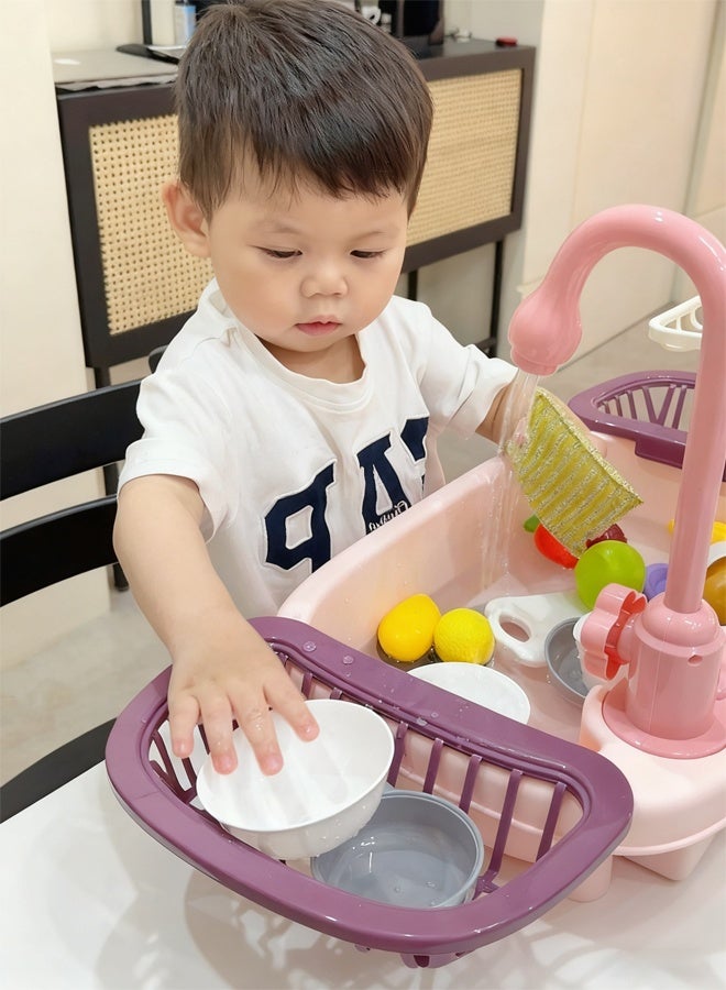 باكا رابيت لعبة حوض المطبخ للأطفال مع مياه جارية، 34 قطعة، غسالة أطباق كهربائية بنظام دورة مياه أوتوماتيكية، لعبة مطبخ للأطفال الأولاد والبنات والأطفال الصغار (وردي) - Image 3