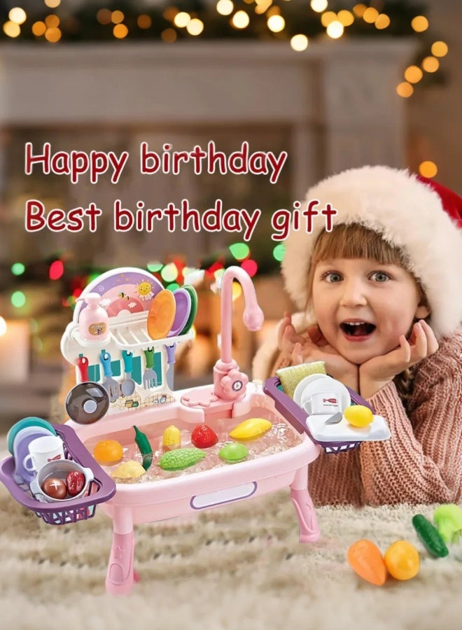 باكا رابيت لعبة حوض المطبخ للأطفال مع مياه جارية، 34 قطعة، غسالة أطباق كهربائية بنظام دورة مياه أوتوماتيكية، لعبة مطبخ للأطفال الأولاد والبنات والأطفال الصغار (وردي) - Image 4