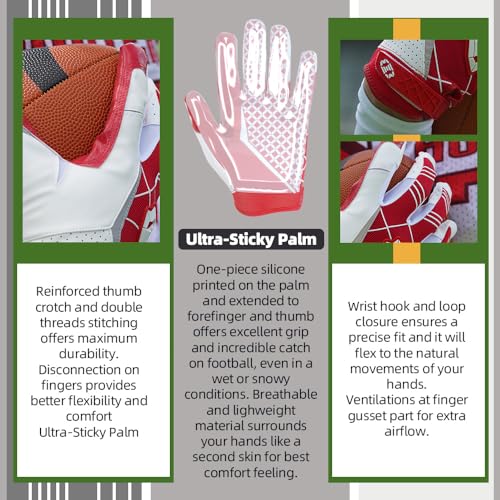Seibertron Pro 3.0 Elite Ultra-Stick Sports Receiver Glove Football Gloves Youth and Adult (Red, M) - Image 4