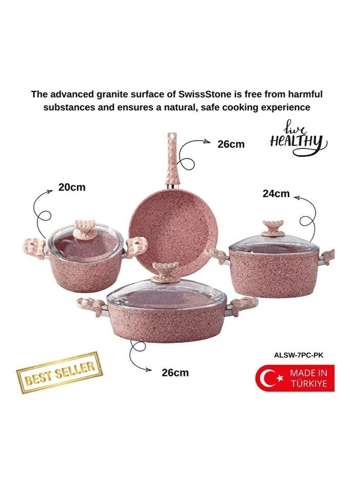 ALFA 7-Piece Swiss Stone Pink Granite Cookware Set, Non-Stick Induction Base, Made in Türkiye - Image 1