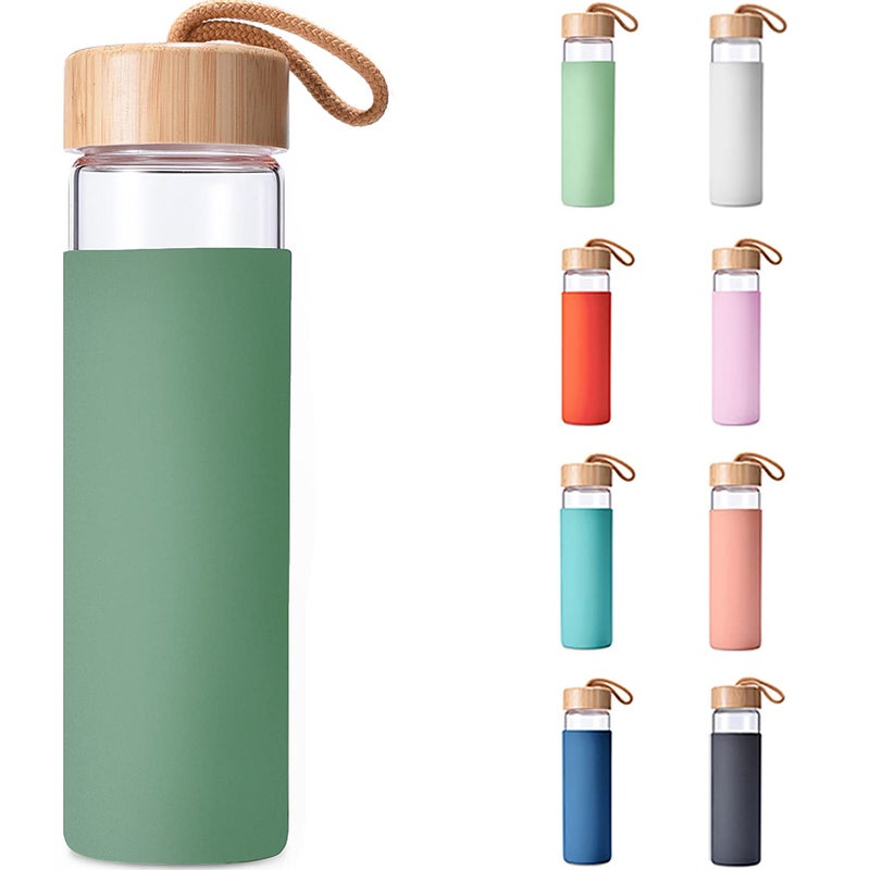 Yomious 20 Oz Borosilicate Glass Water Bottle with Bamboo Lid and Silicone Sleeve  Reusable BPA Free Drinking Bottle with Lids  Cute Bottle for Women  Glass Shaker Bottle Olive