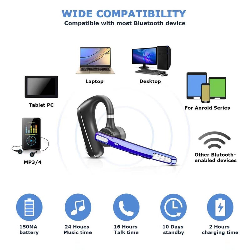MQQC Bluetooth Headset V5.0, Wireless Bluetooth Earpiece 24Hrs HD Calling,CVC8.0 Dual Mic Noise Cancelling, Hands-Free Bluetooth Earphone for Driving/Business/Office (Blue) - Image 3