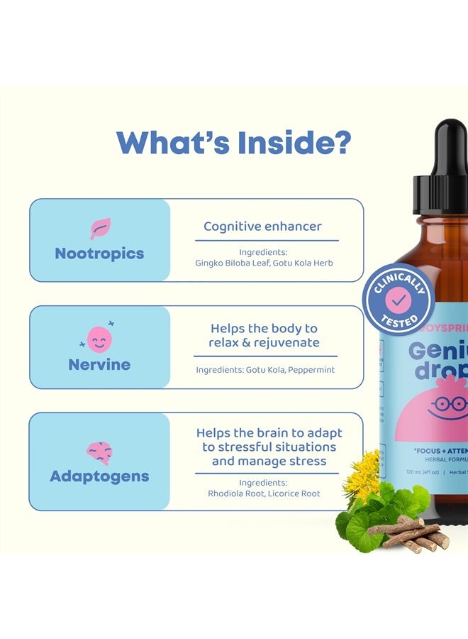 JoySpring Genius Drops Brain Supplement for Kids - Kids Attention Supplements Support Healthy Brain Function - Organic Kids Attention Drops - Ginkgo Biloba for Kids Attention Supplement for Kids - Image 4
