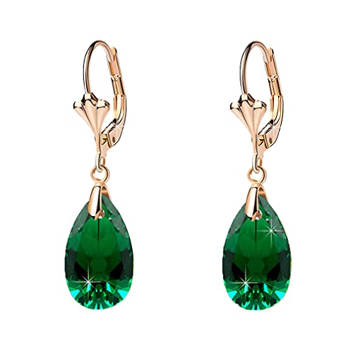 EVEVIC Austrian Crystal Teardrop Leverback Dangle Earrings for Women Fashion 14K Gold Plated Hypoallergenic Jewelry (Emerald) - Image 1