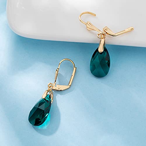 EVEVIC Austrian Crystal Teardrop Leverback Dangle Earrings for Women Fashion 14K Gold Plated Hypoallergenic Jewelry (Emerald) - Image 5