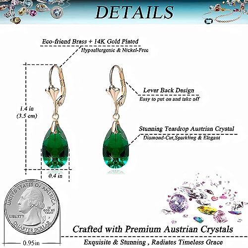 EVEVIC Austrian Crystal Teardrop Leverback Dangle Earrings for Women Fashion 14K Gold Plated Hypoallergenic Jewelry (Emerald) - Image 4