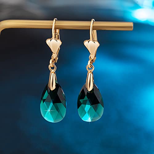 EVEVIC Austrian Crystal Teardrop Leverback Dangle Earrings for Women Fashion 14K Gold Plated Hypoallergenic Jewelry (Emerald) - Image 3
