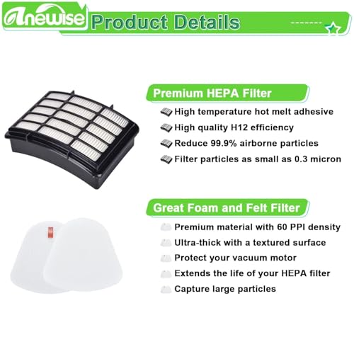 Anewise Filter Replacement for Shark Navigator Lift Away Deluxe Professional Vacuum ZU503AMZ NV350 NV351 NV352 NV355 NV357 NV360 NV370 UV440 UV540, Parts XFF350 & XHF350, 1 HEPA + 2 Pre-Felt Filters - Image 5