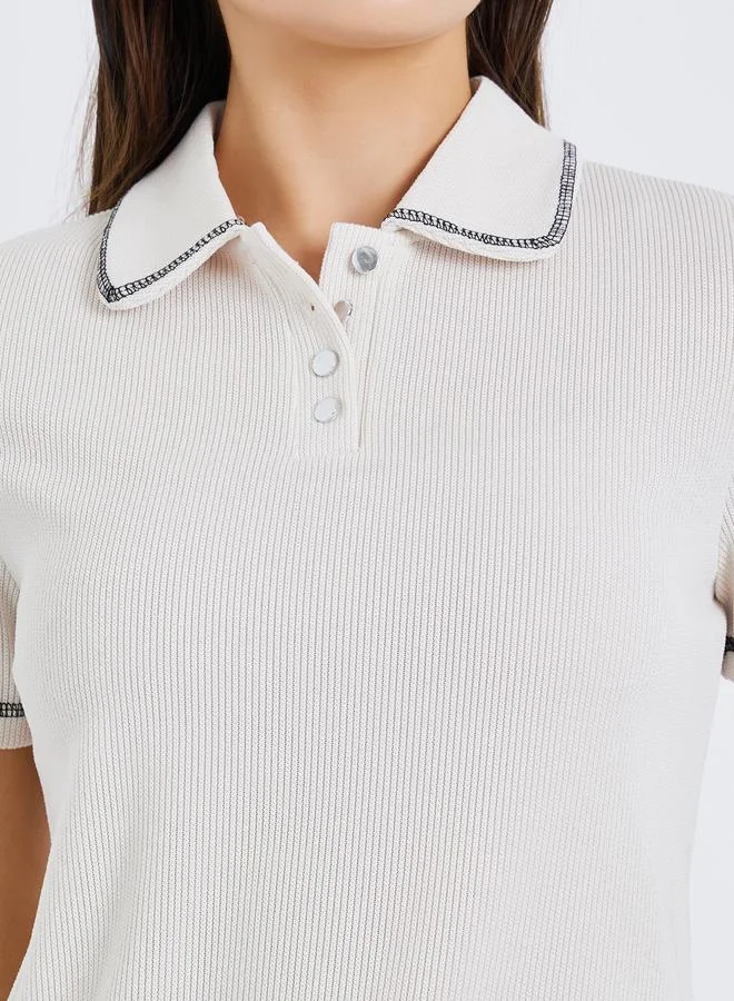 Styli Women Ribbed Knit Polo T-Shirt